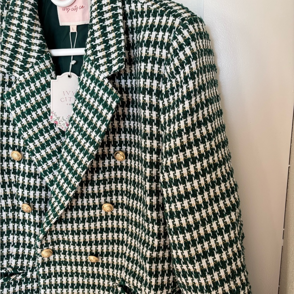 Ivy City Co Houndstooth Blazer in Green and White - Park Ave Blazer
